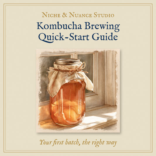 Kombucha Brewing Quick-Start Guide, colour pencil drawing of a kombucha jar on a windowsill
