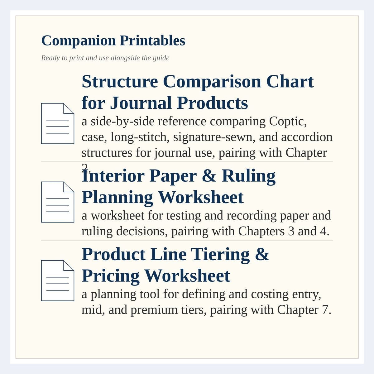 Page listing the companion printables that come with The Complete Guide to Blank Book & Journal Making for Sale