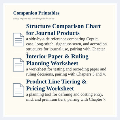 Page listing the companion printables that come with The Complete Guide to Blank Book & Journal Making for Sale