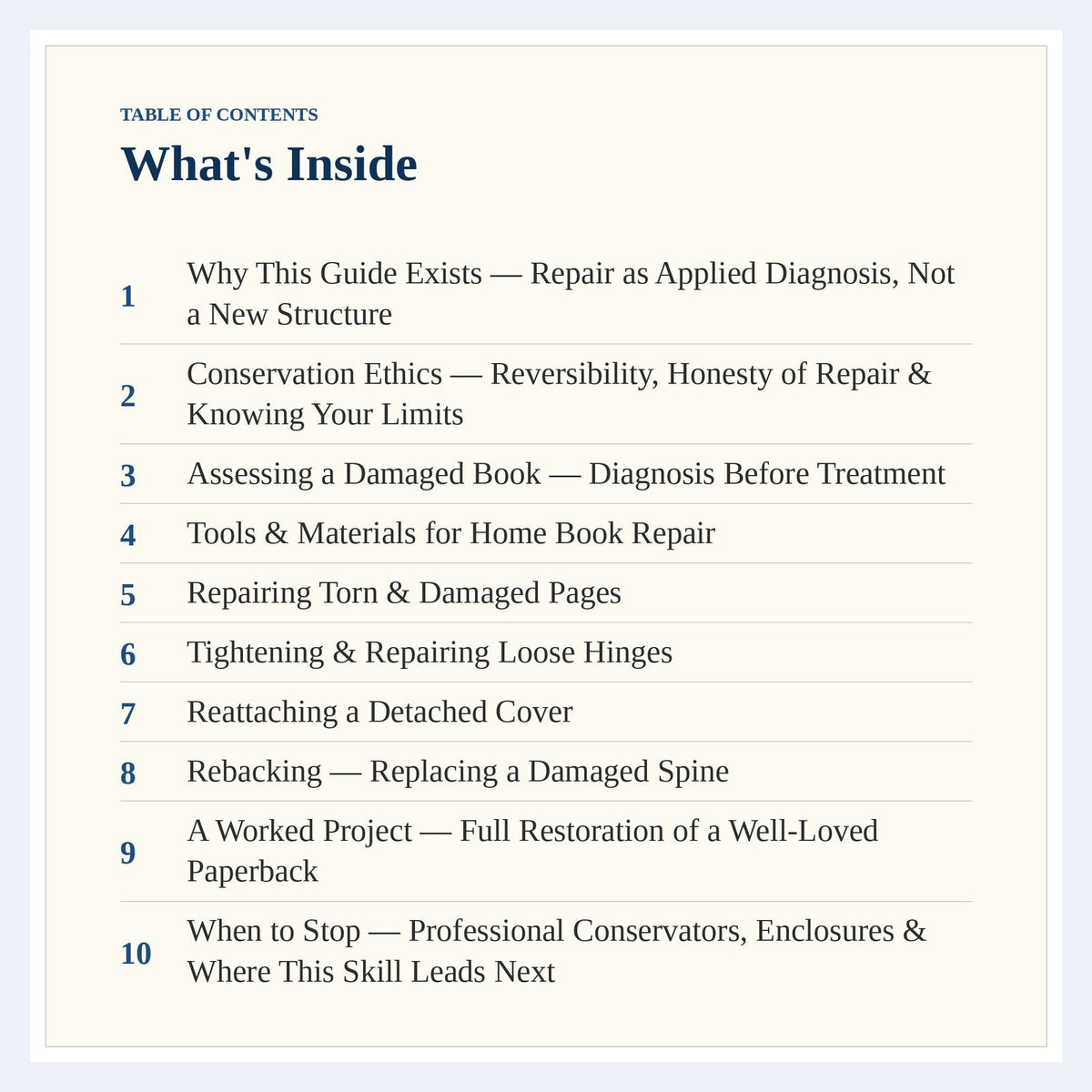 Table of contents page from The Complete Guide to Book Repair & Conservation Basics