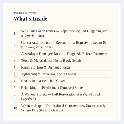 Table of contents page from The Complete Guide to Book Repair & Conservation Basics