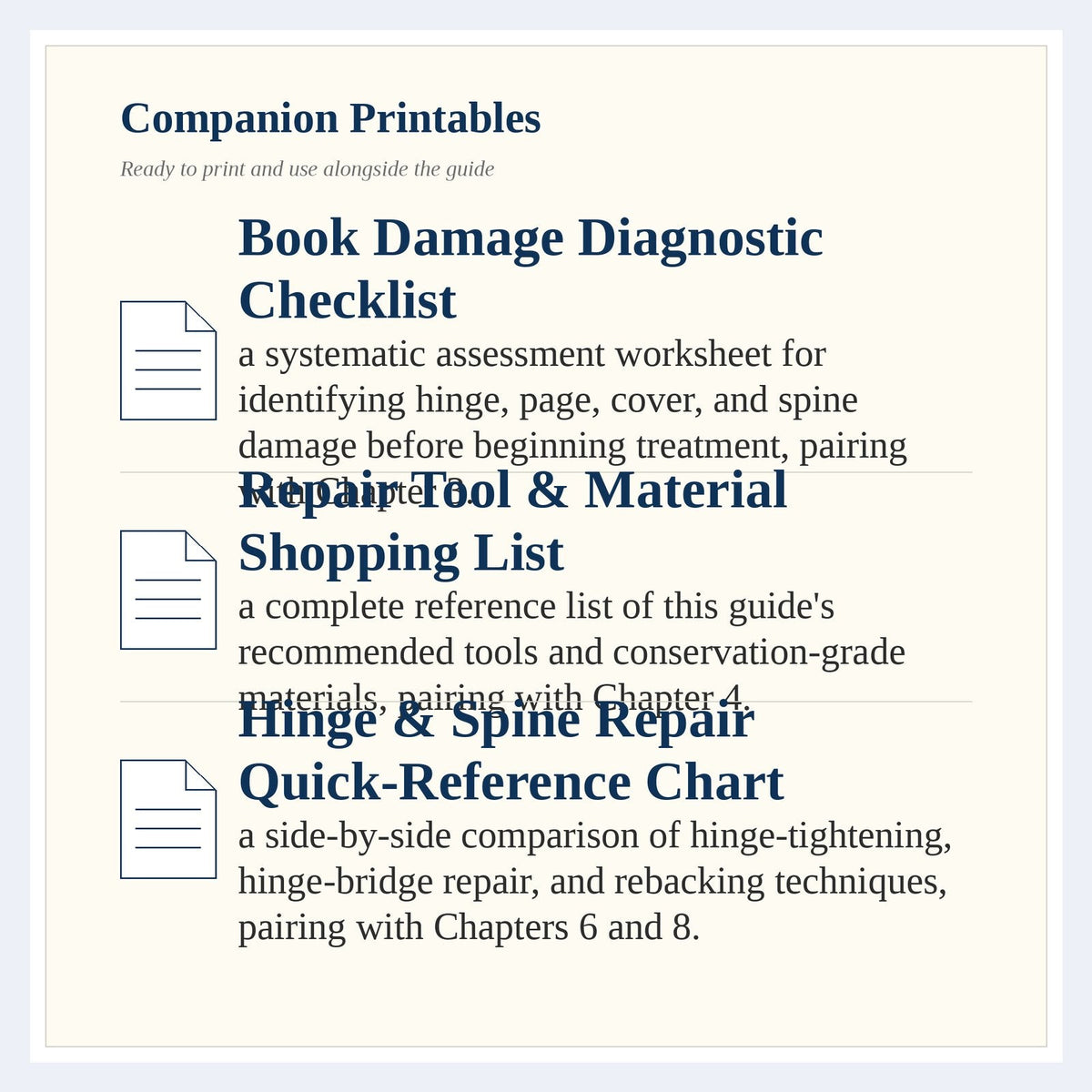 Page listing the companion printables that come with The Complete Guide to Book Repair & Conservation Basics