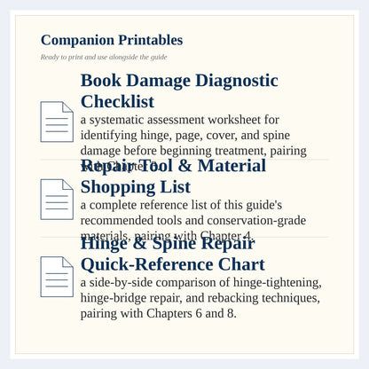 Page listing the companion printables that come with The Complete Guide to Book Repair & Conservation Basics