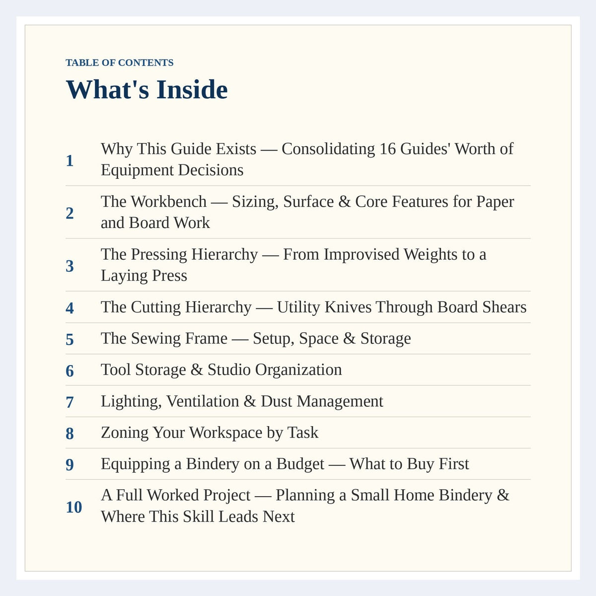 Table of contents page from The Complete Guide to Bookbinding Equipment & Tool Setup