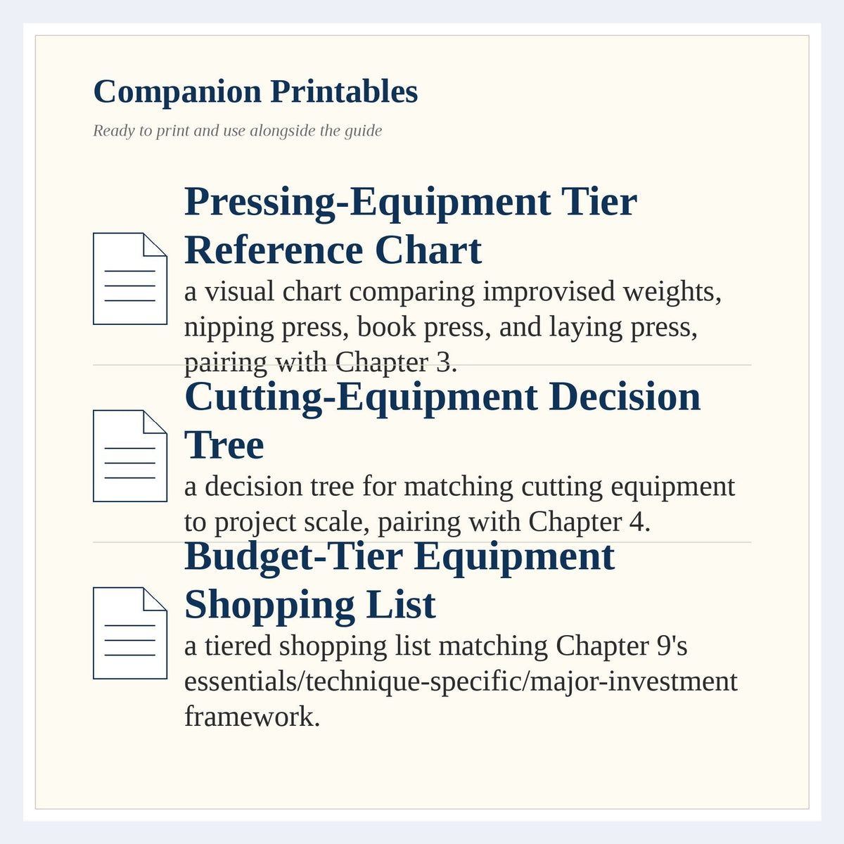 Page listing the companion printables that come with The Complete Guide to Bookbinding Equipment & Tool Setup