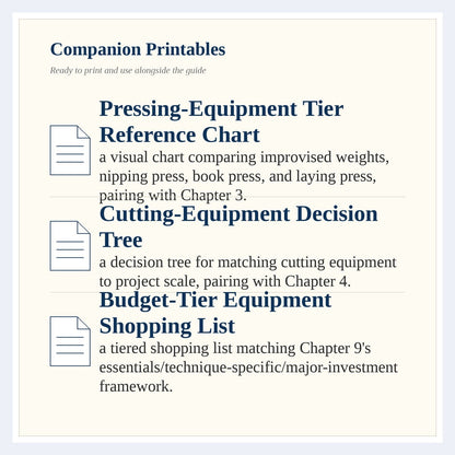 Page listing the companion printables that come with The Complete Guide to Bookbinding Equipment & Tool Setup