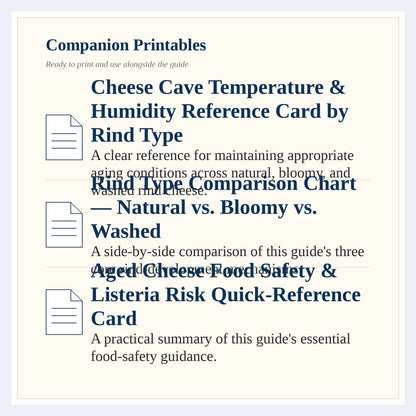 Page listing the companion printables that come with The Complete Guide to Aged & Bloomy-Rind Cheese
