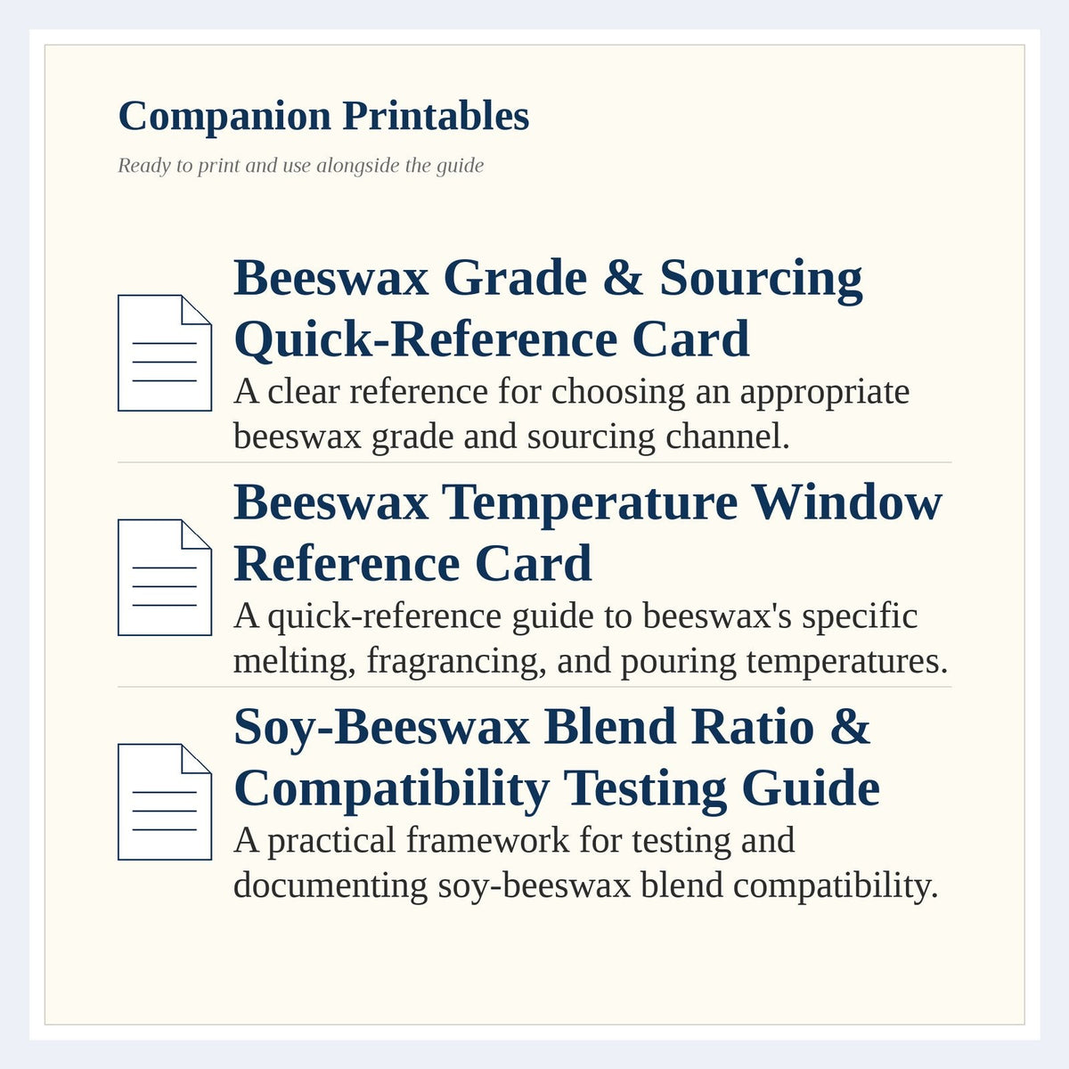 Page listing the companion printables that come with The Complete Guide to Beeswax & Soy Wax Candle Crafting