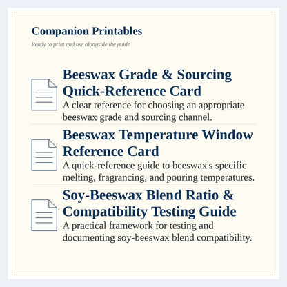 Page listing the companion printables that come with The Complete Guide to Beeswax & Soy Wax Candle Crafting